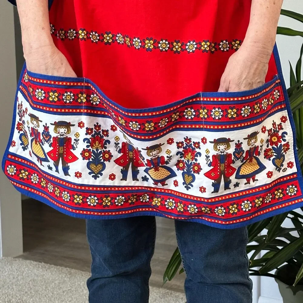 Vintage Kolf Austria Folk Art Kitchen 2 Pc Set Red Blue Bib Apron & Table Square